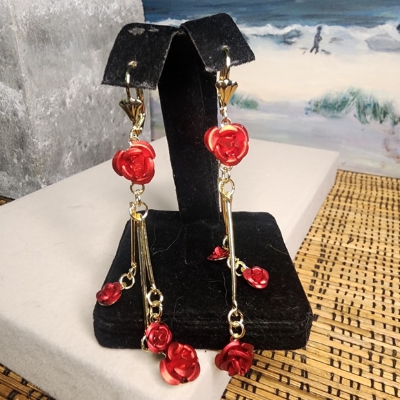 Gold with Red Rose Flowers Dangle Earrings - Picture 3 of 7